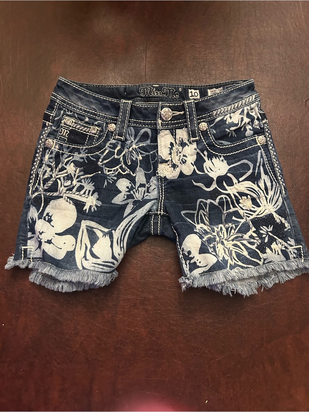 Miss Me Navy Blue & White Floral Embellished Denim Shorts